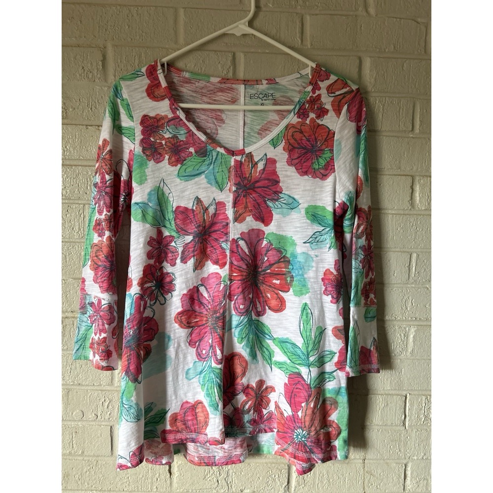 Escape By Habitat Clothes Floral Cotton Top XS V Neck Grandma Core Art To Wear